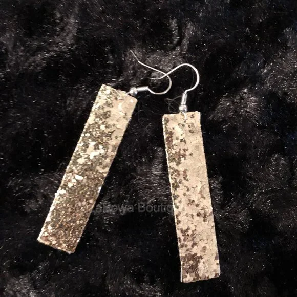 Hand Crafted Jewelry Gold Sparkle Bar Faux Leather Earrings
